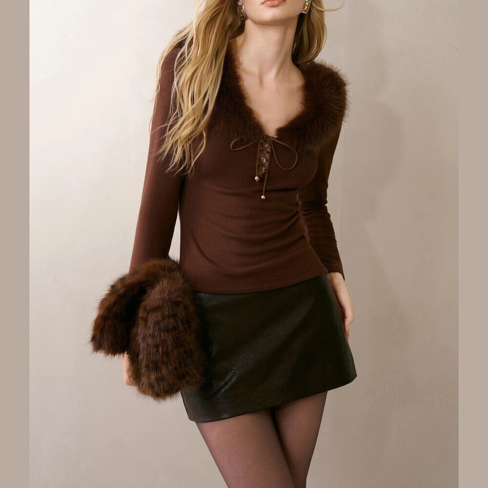 Brown Faux Fur Collar Lace-Up Deep V-Neck Long Sleeve Knit Top